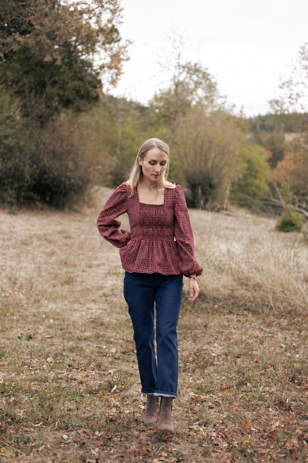 Joli Kit Couture - Blouse Charlotte seerzucker marine et brique - Joli Lab