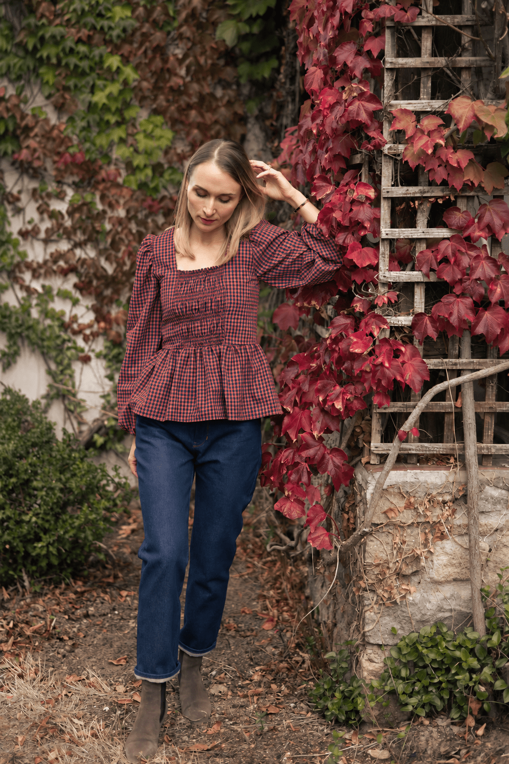 Joli Kit Couture - Blouse Charlotte seerzucker marine et brique - Joli Lab